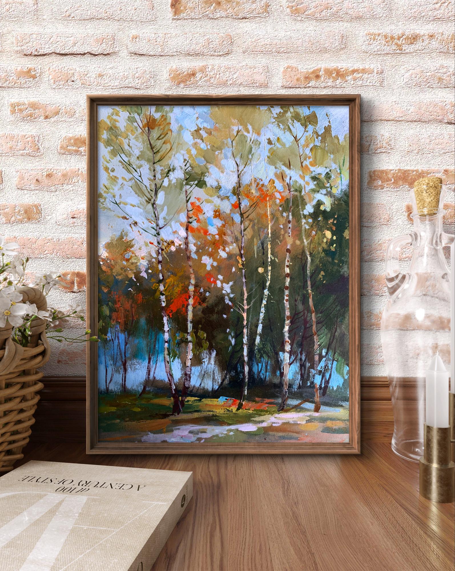 Oil painting of birch autumn forest by Yuriy Suprunchuk in brown frame