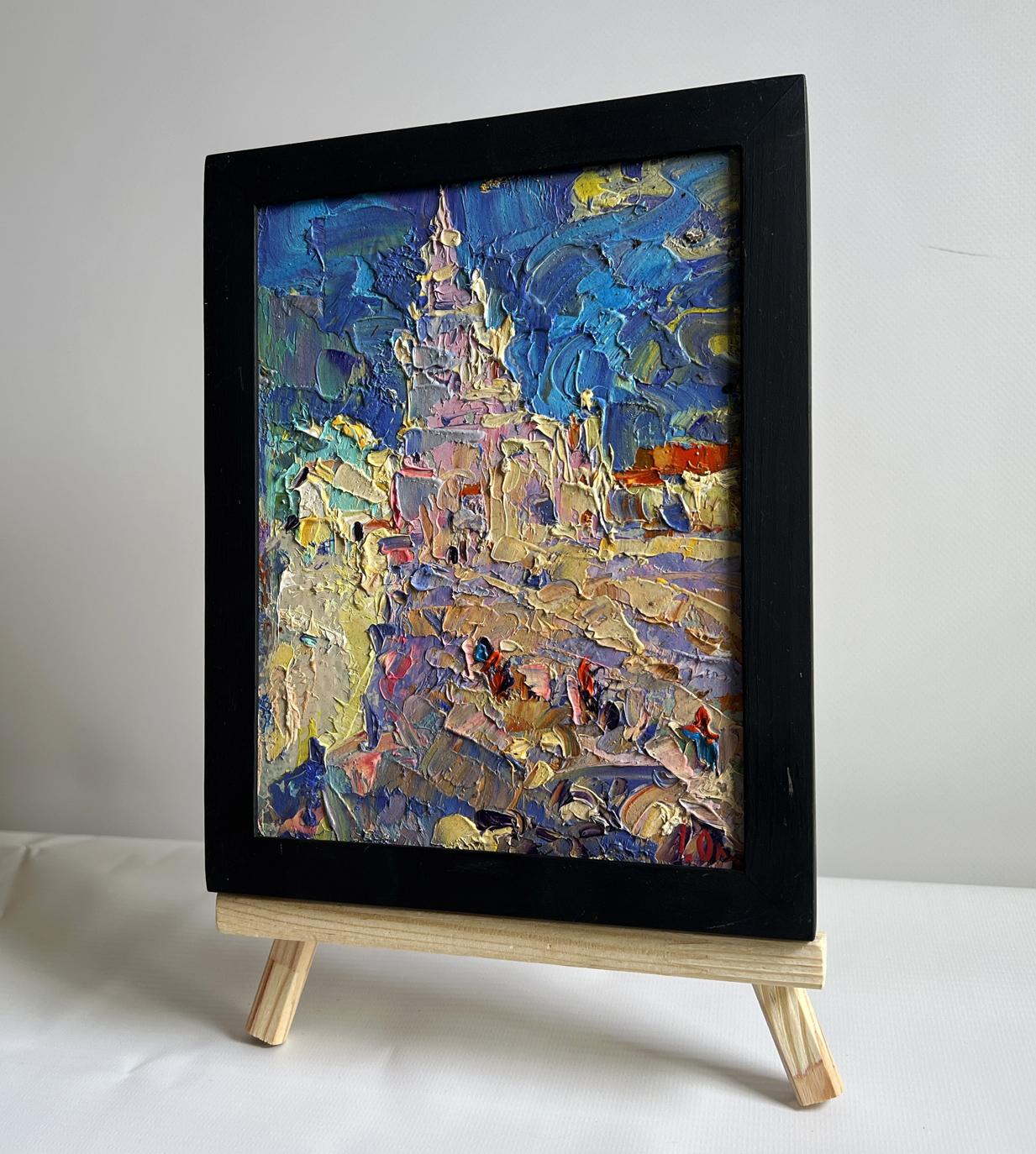 Oil painting of city tower on sunny day by Oleksiy Ivanyuk in black frame