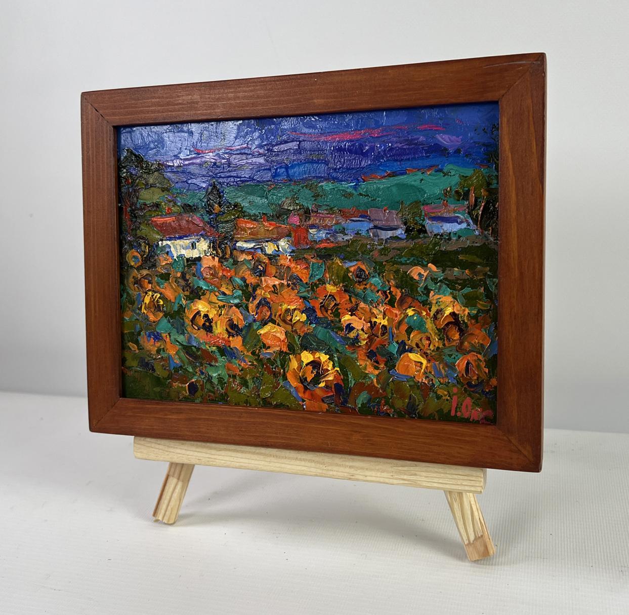 Oil painting of summer village life with orange flowers by Oksana Ivanyuk