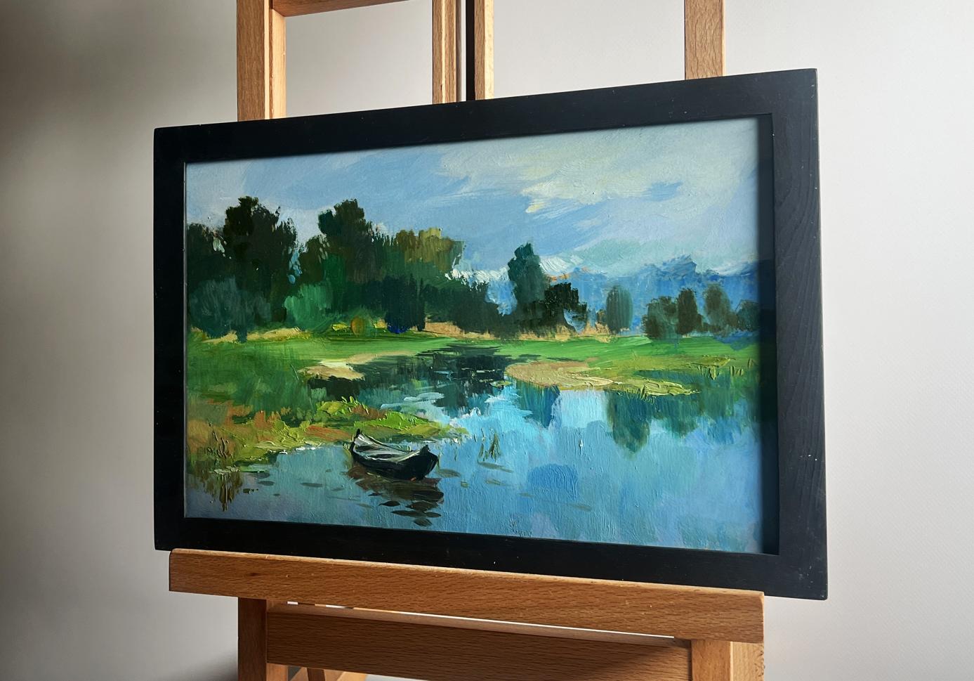 Oil painting Warm weather for fishing by Yuriy Suprunchuk serene lake scene