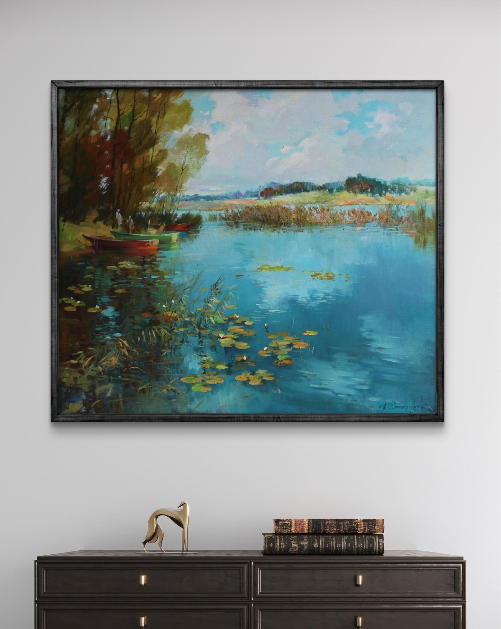 Oil painting Reflection on Water by Yuriy Suprunchuk: serene lake landscape
