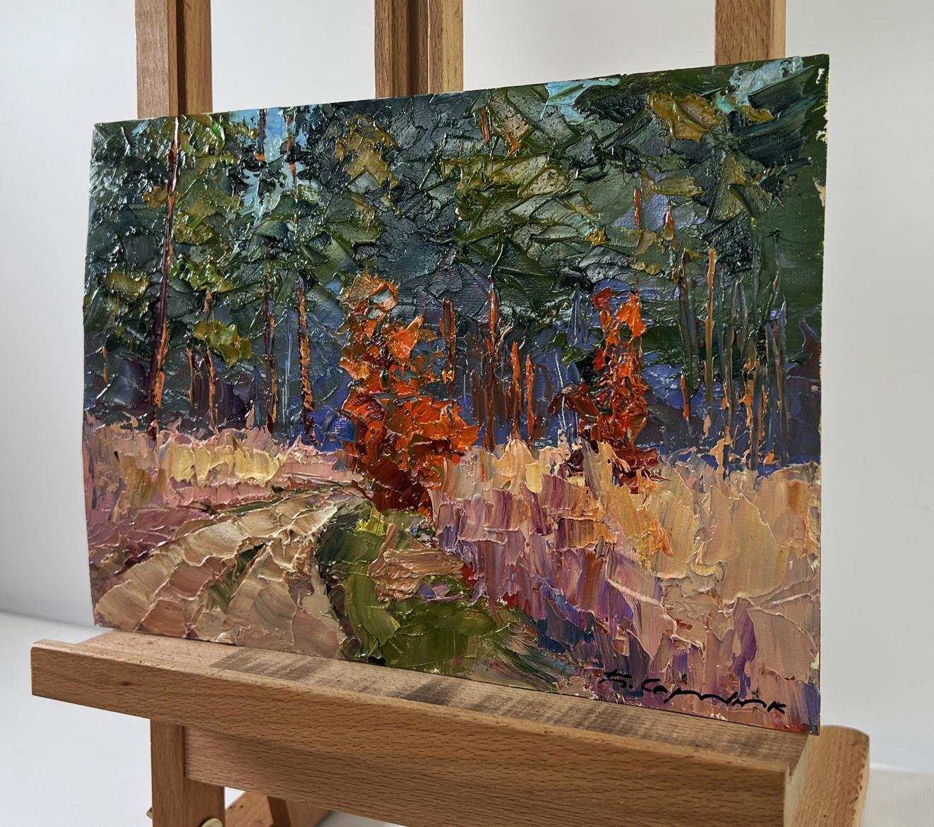 Oil painting Road into Silence by Boris Serdyuk on wooden easel