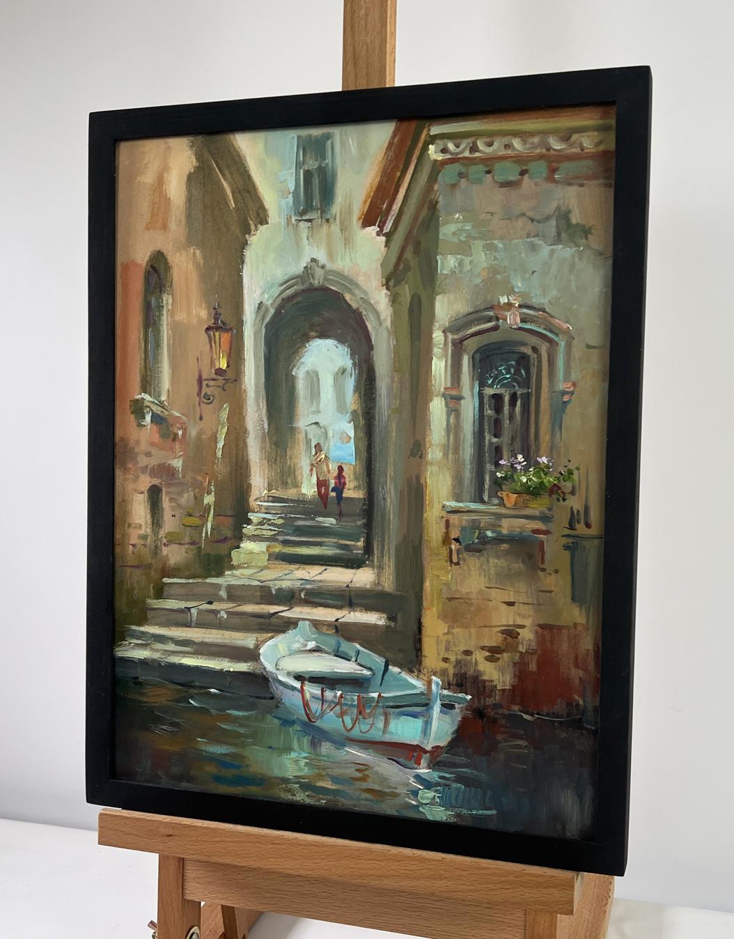 Framed impressionistic oil painting of serene canal boat by Yuriy Suprunchuk
