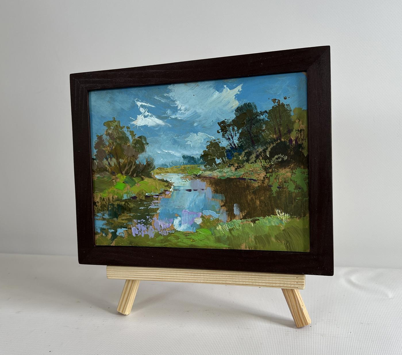 Oil painting The Winding River by Yuriy Suprunchuk in dark wood frame