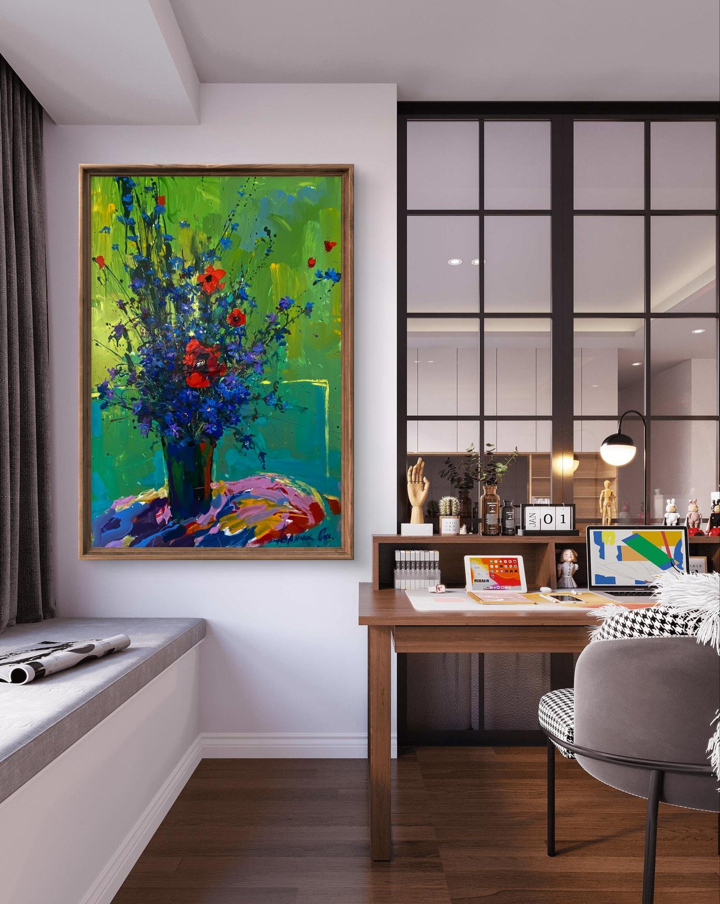 Vibrant Floral Morning oil painting by Oksana Ivanyuk in gold frame