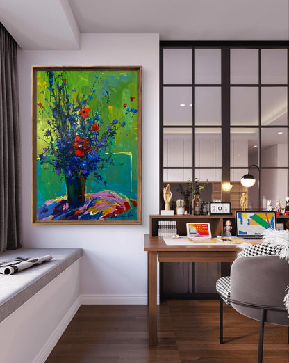 Vibrant Floral Morning oil painting by Oksana Ivanyuk in gold frame