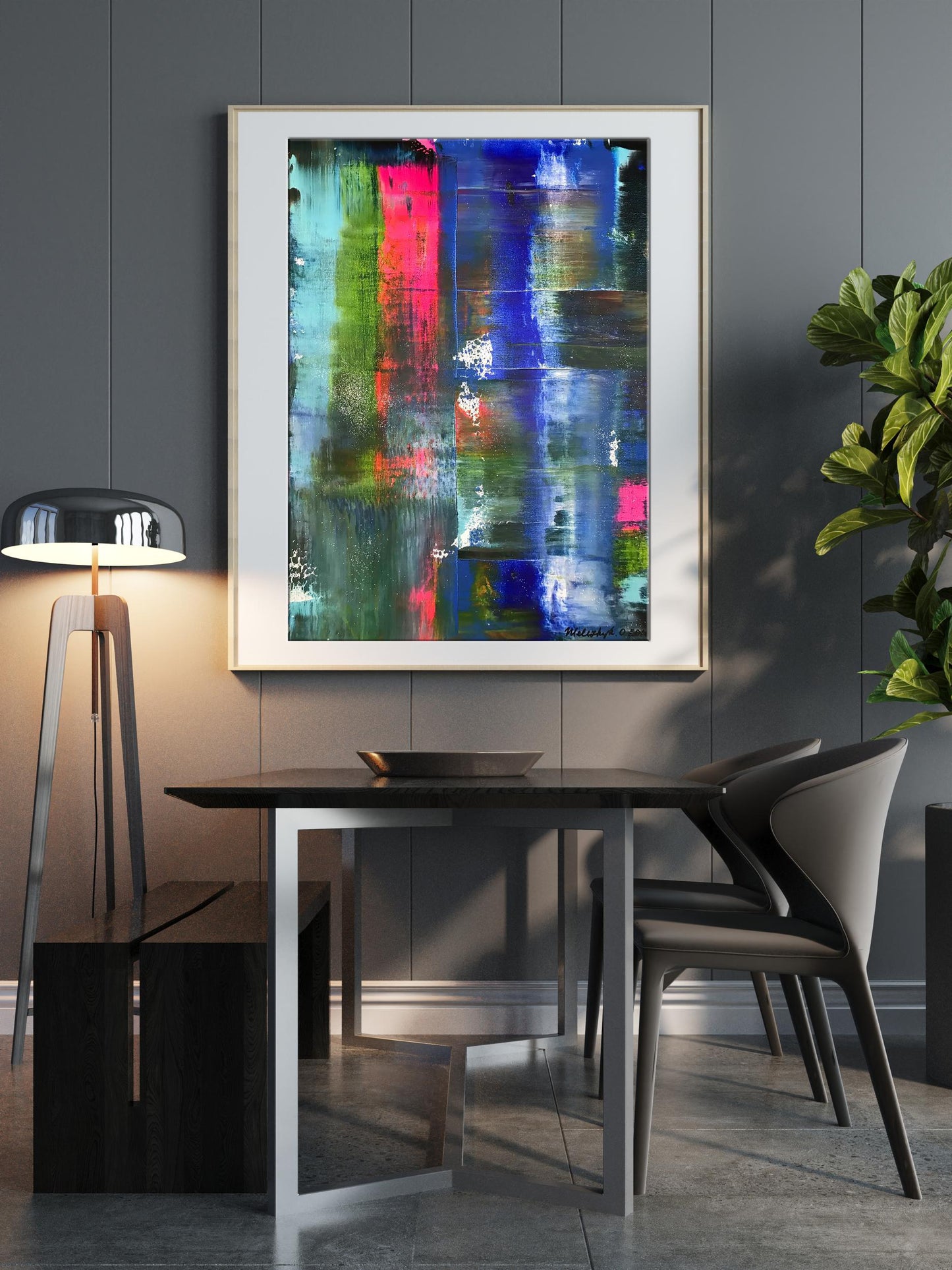 Acrylic painting Ultramarine Drive by Olga Melezhik in white frame on gray wall