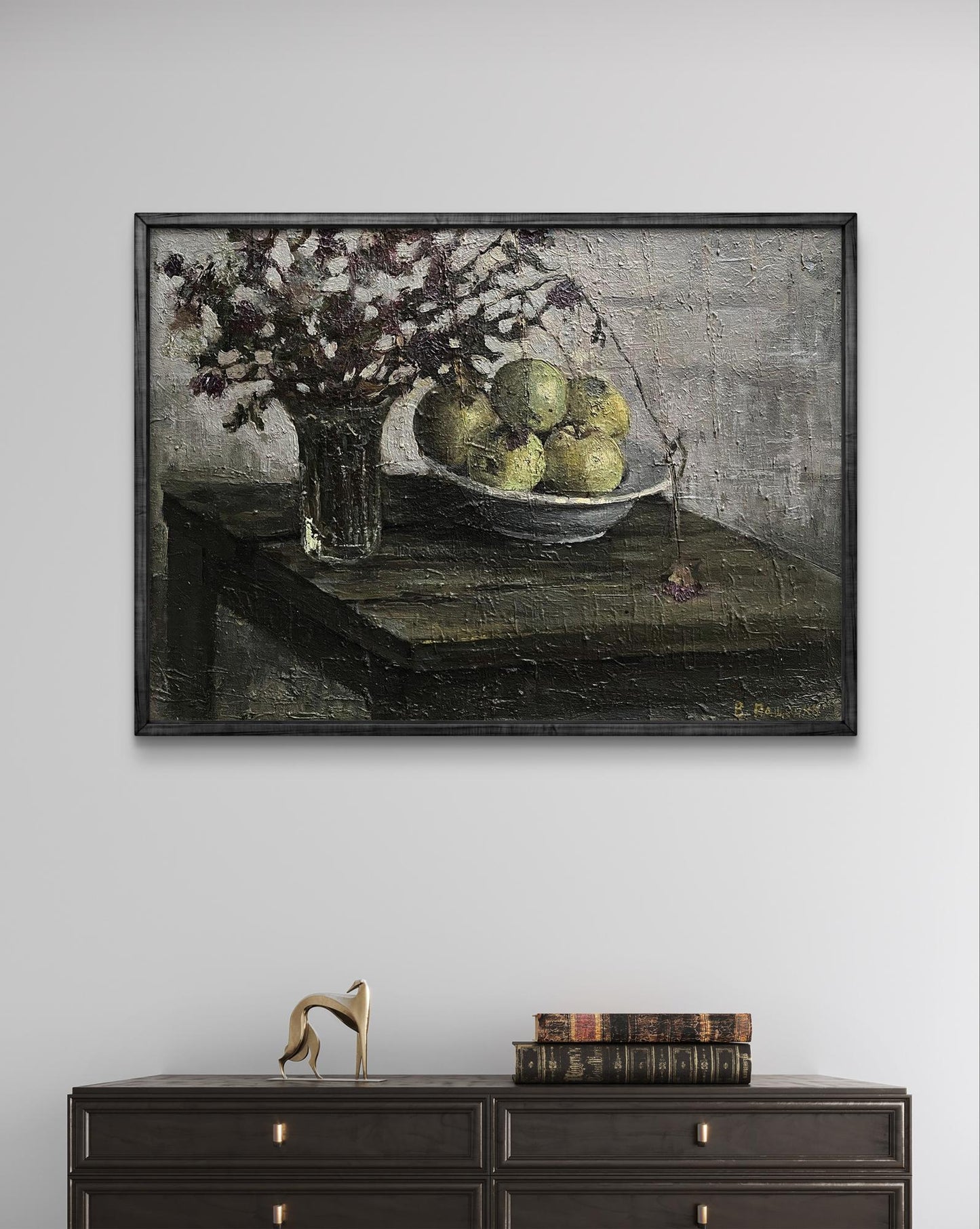 Oil painting by Volodymyr Pashchenko: still life with green apples and dried flowers
