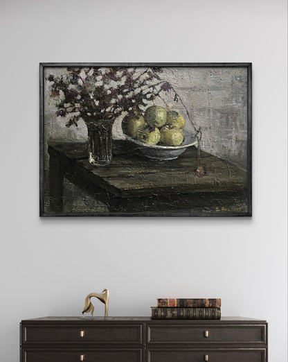 Oil painting by Volodymyr Pashchenko: still life with green apples and dried flowers