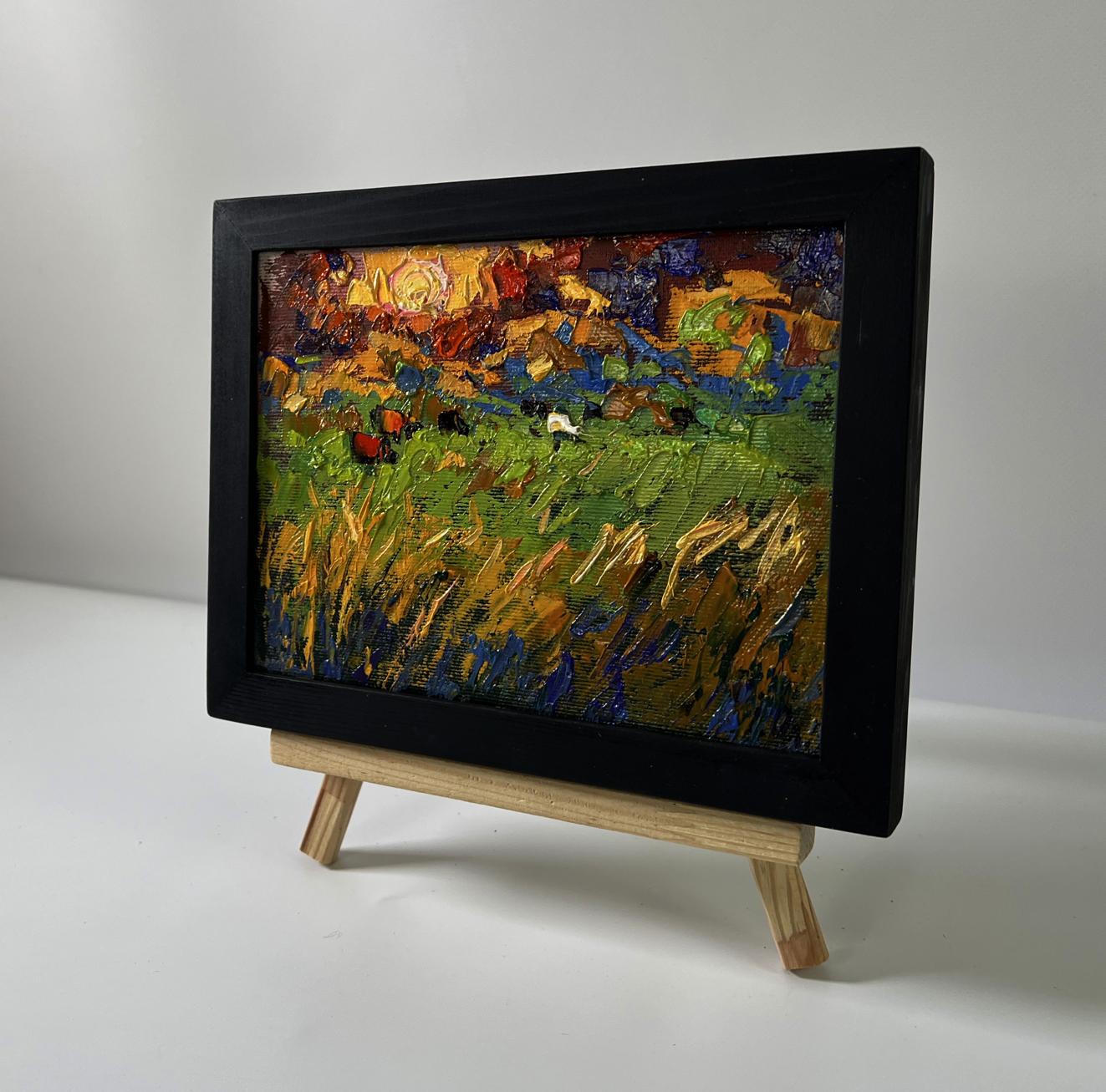 Oil painting Sunset over the Meadows by Oleksiy Ivanyuk in black frame