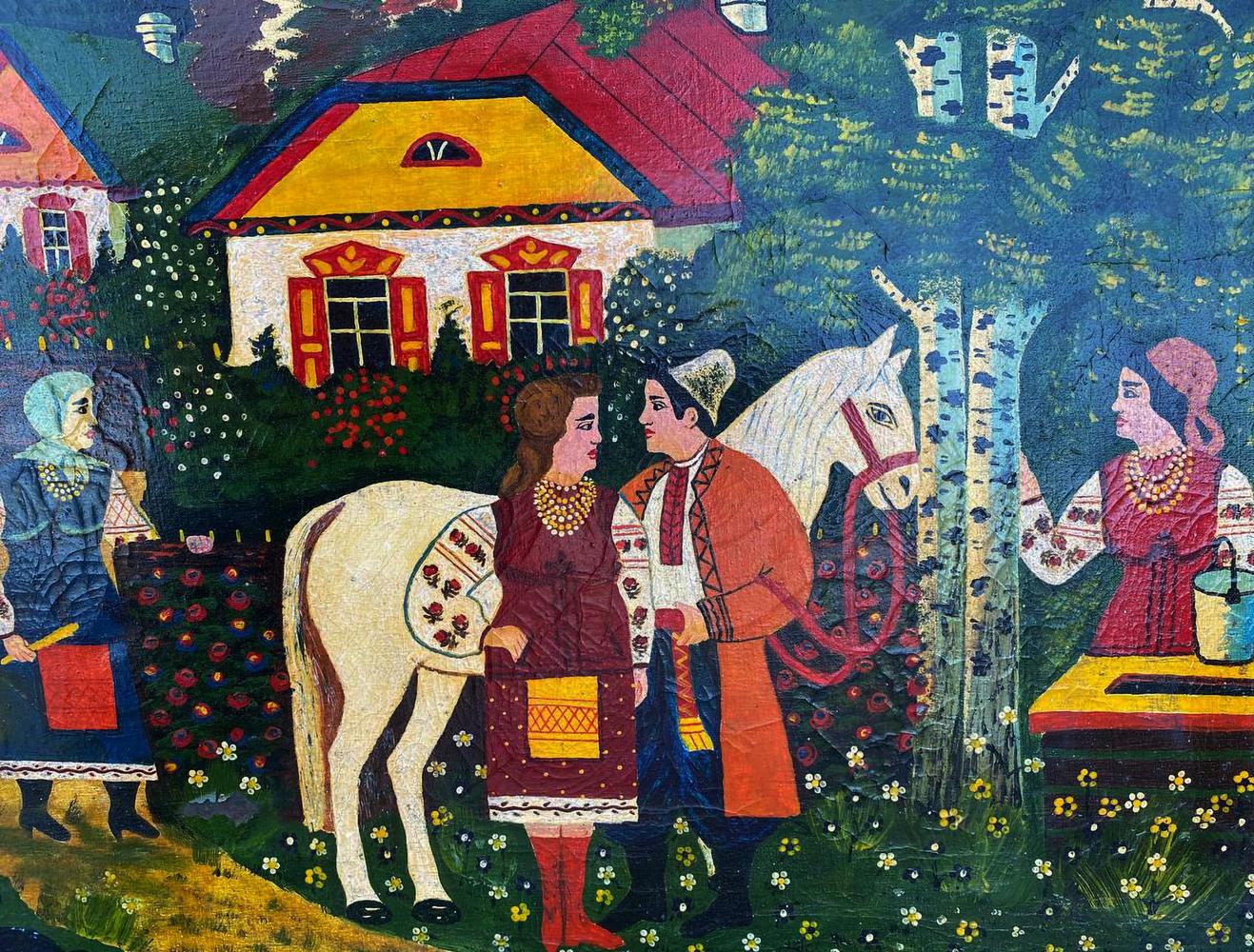 Oil painting At the village well: white horse with floral saddle blanket