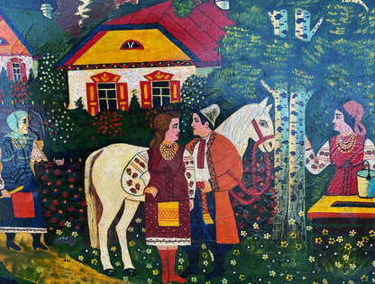 Oil painting At the village well: white horse with floral saddle blanket