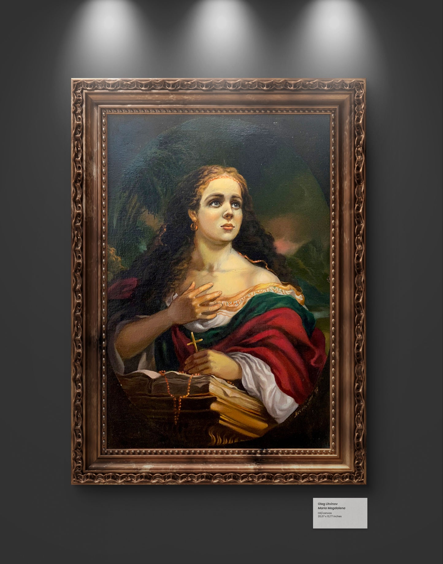 Oil painting of Maria Magdalena by Alexander Arkadievich Litvinov in ornate gilded frame