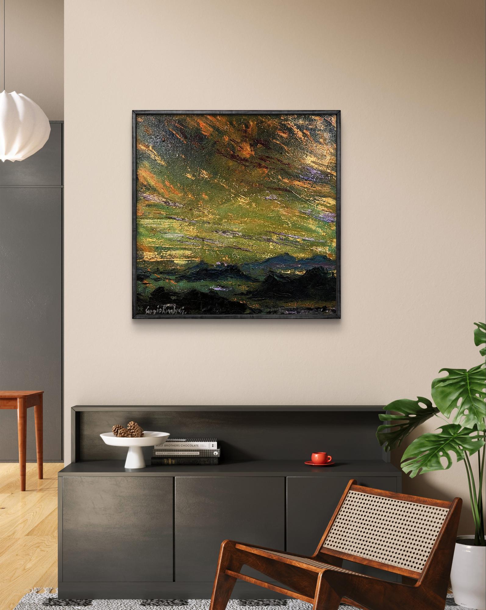 Oil painting of mountain plains by Serhiy Kovalev, square-framed abstract landscape