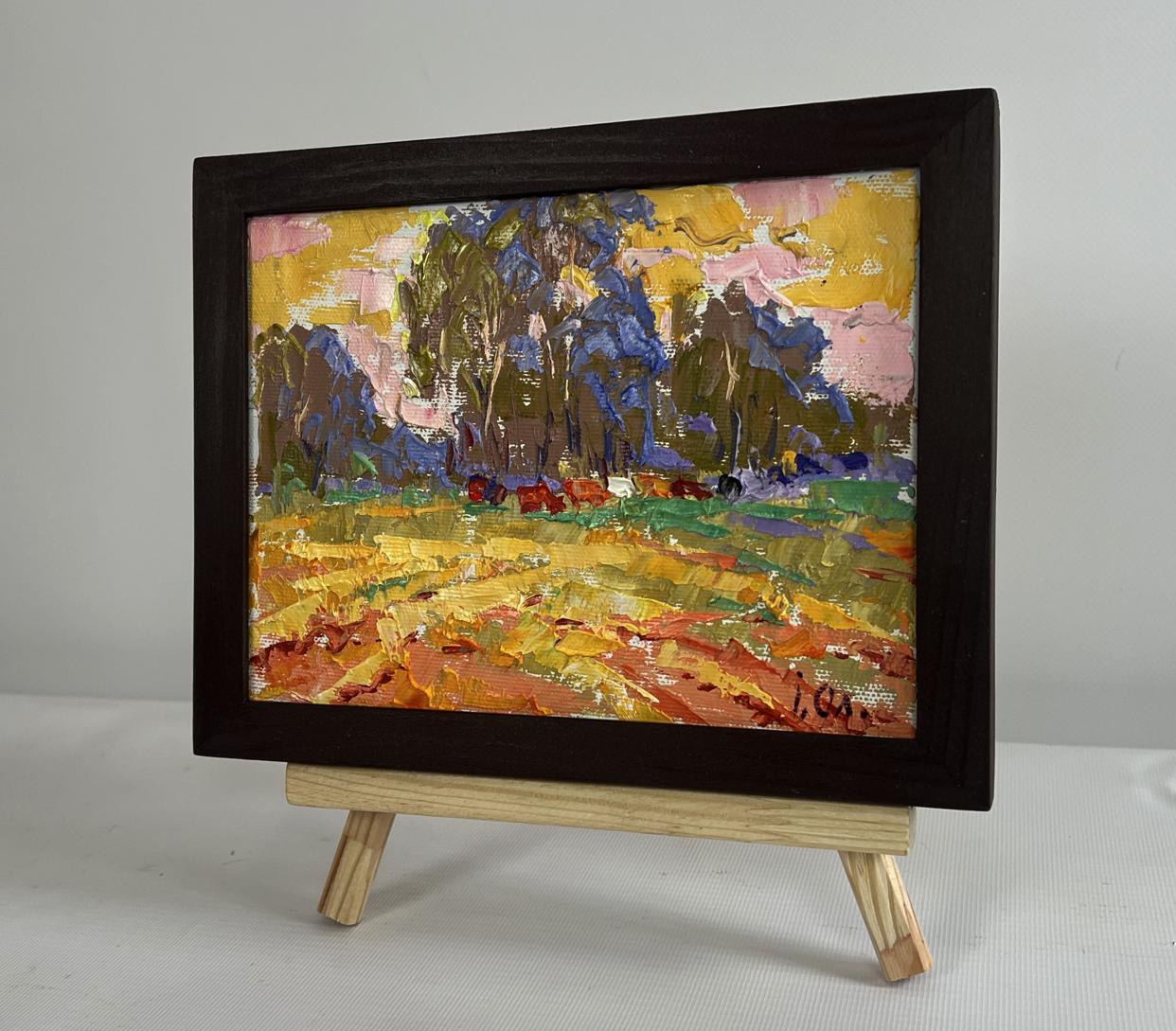 Oil painting Summer meadows and forest by Oleksiy Ivanyuk in wooden frame