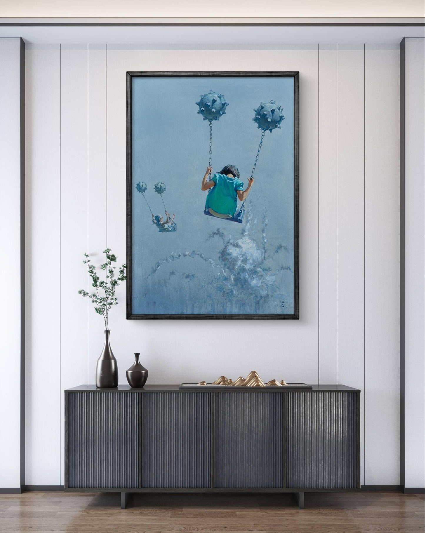 Oil painting Aerial skating by Oleg Kateryniuk child on spiky balloons