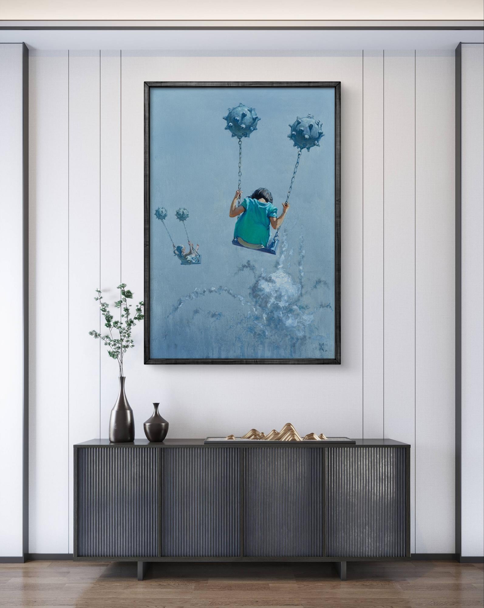 Oil painting Aerial skating by Oleg Kateryniuk child on spiky balloons