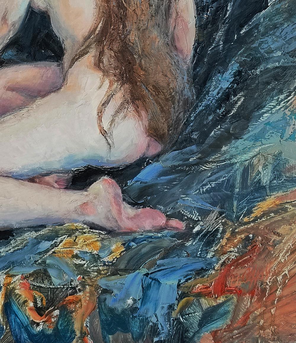 Oil painting portrait of female figure on towel by Oksana Osnach