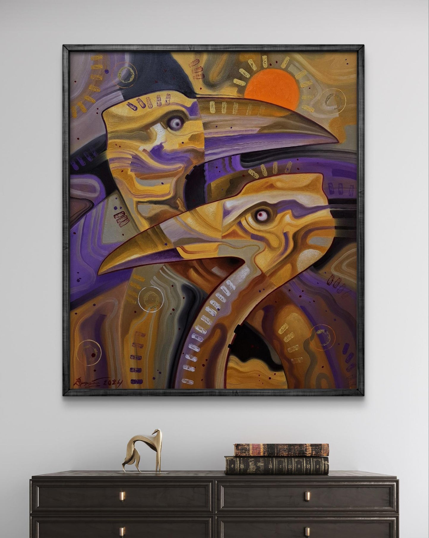 Oil painting The Lost World by Sergiy Voichenko with gold purple orange bird faces