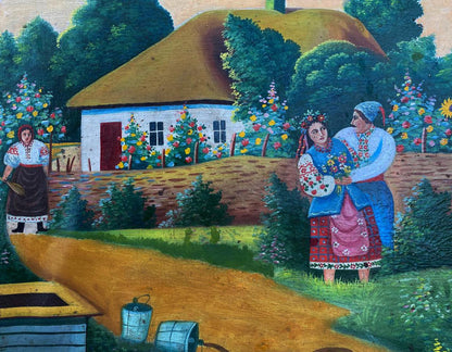 Oil painting Evening romance near home: white thatched house in countryside