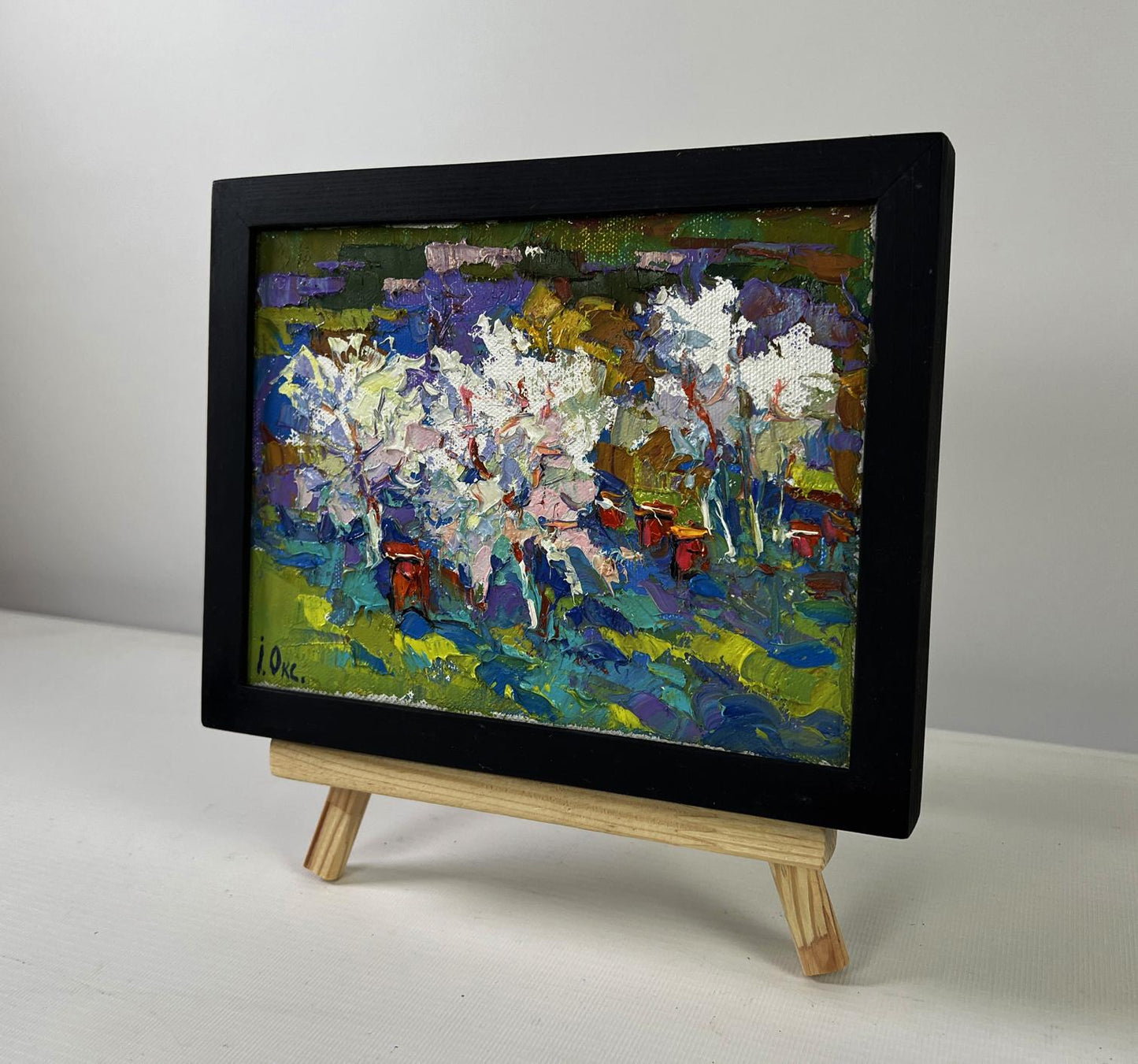 Oil painting Nature in spring colors by Oksana Ivanyuk in black frame