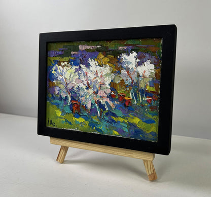 Oil painting Nature in spring colors by Oksana Ivanyuk in black frame