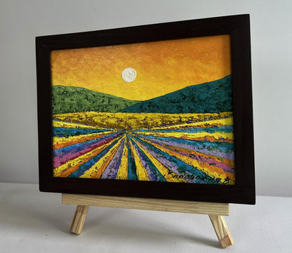 Oil painting A fleeting memory of sunset V. Zadorozhnya vibrant field orange sky moon