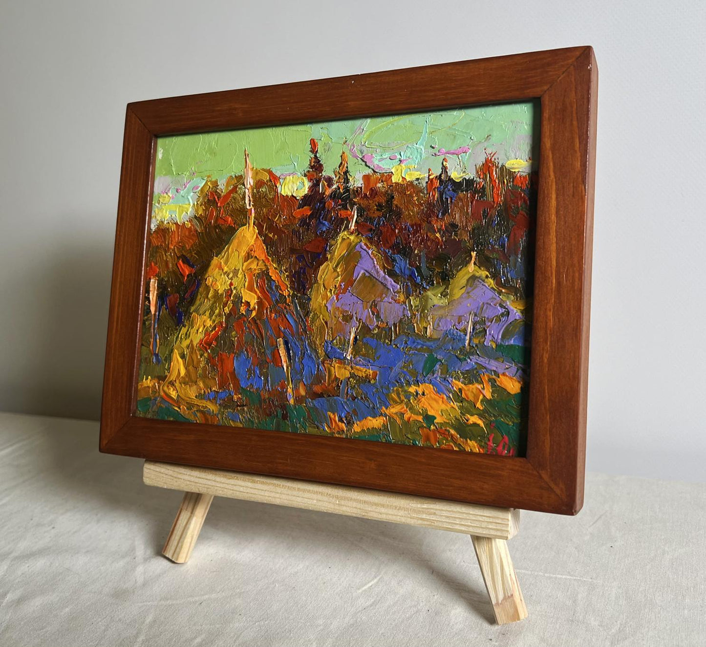 Oleksiy Ivanyuk oil painting of sunset haystacks in impressionist style