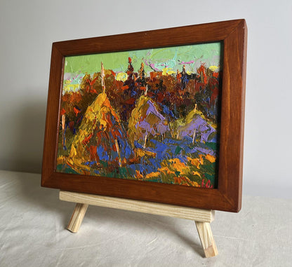 Oleksiy Ivanyuk oil painting of sunset haystacks in impressionist style