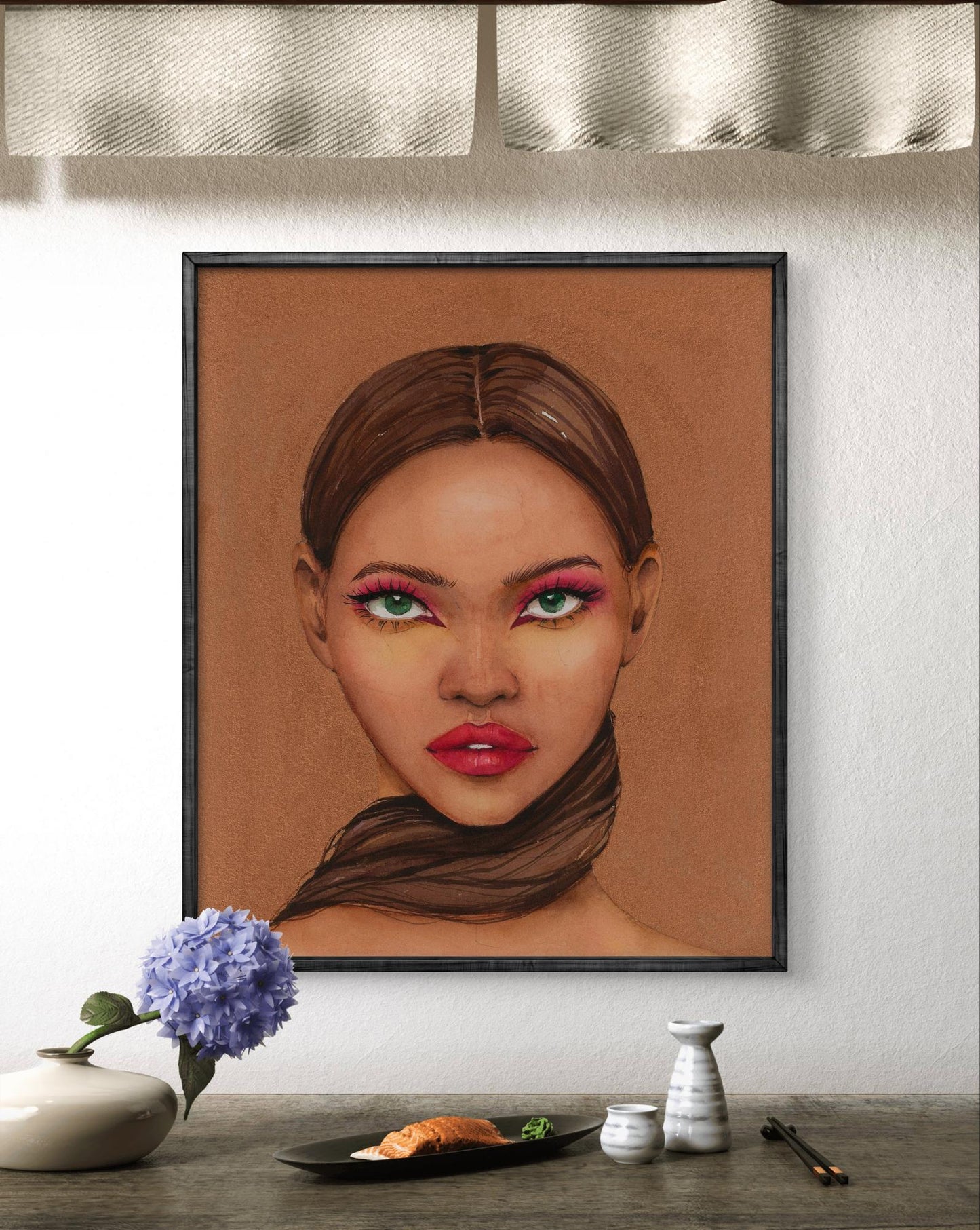 Framed watercolor portrait of Lady in Gold by Victoria Kagalovska