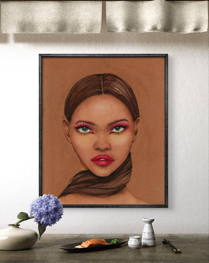 Framed watercolor portrait of Lady in Gold by Victoria Kagalovska