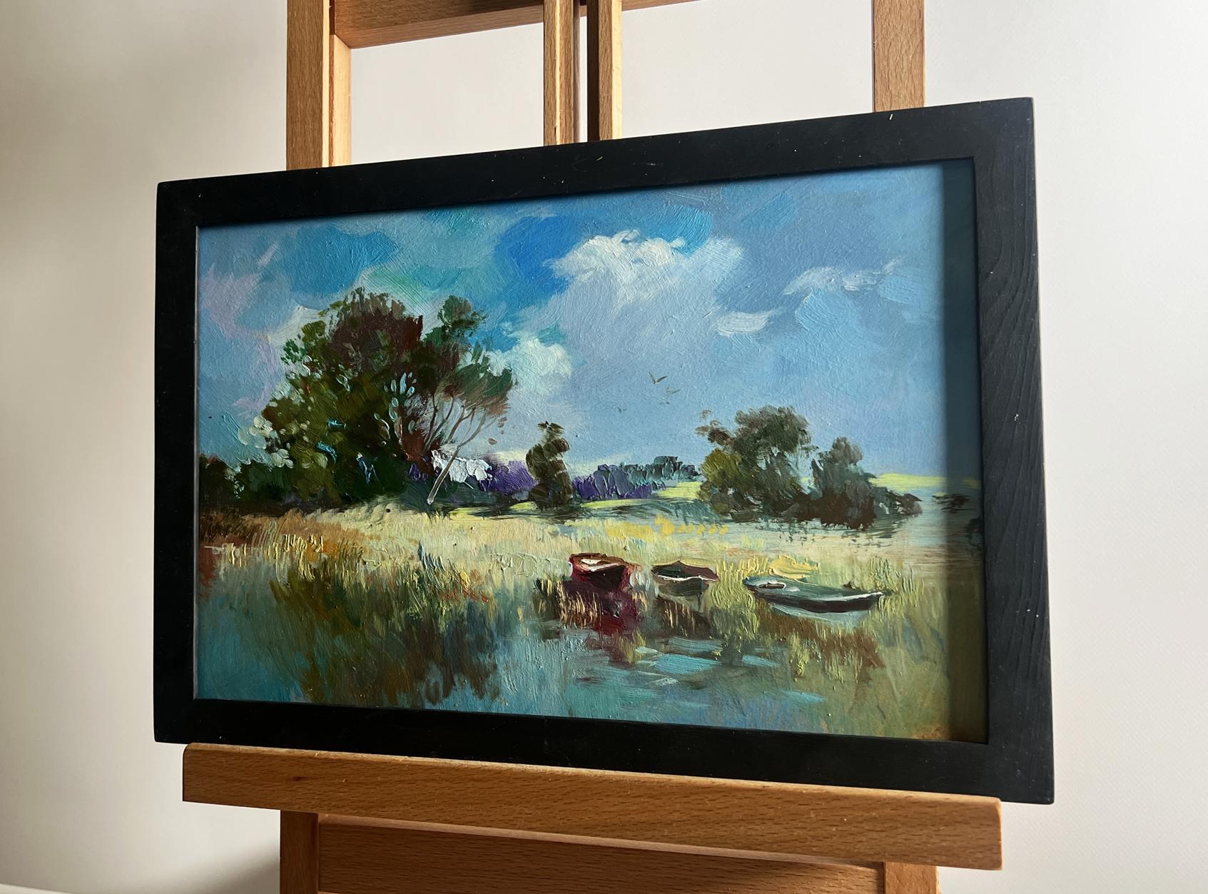 Oil painting Three boats on the river by Yuriy Suprunchuk lakeside scene