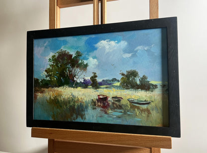 Oil painting Three boats on the river by Yuriy Suprunchuk lakeside scene