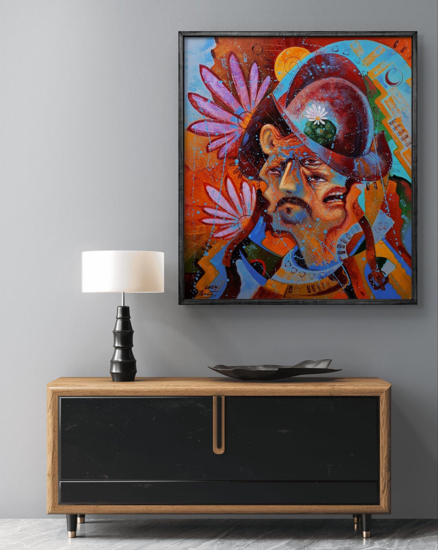 Vibrant oil painting Conquistador and Peyote by Sergiy Voichenko in black frame