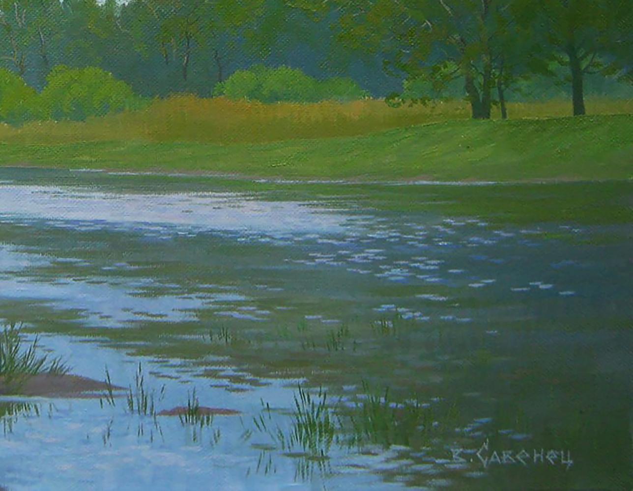 Oil painting On the summer lake Valery Savenets serene ripples in blues greens