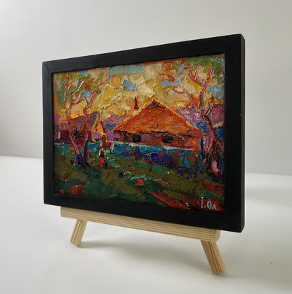 Oil painting Sunset village glow by Oleksiy Ivanyuk in black frame