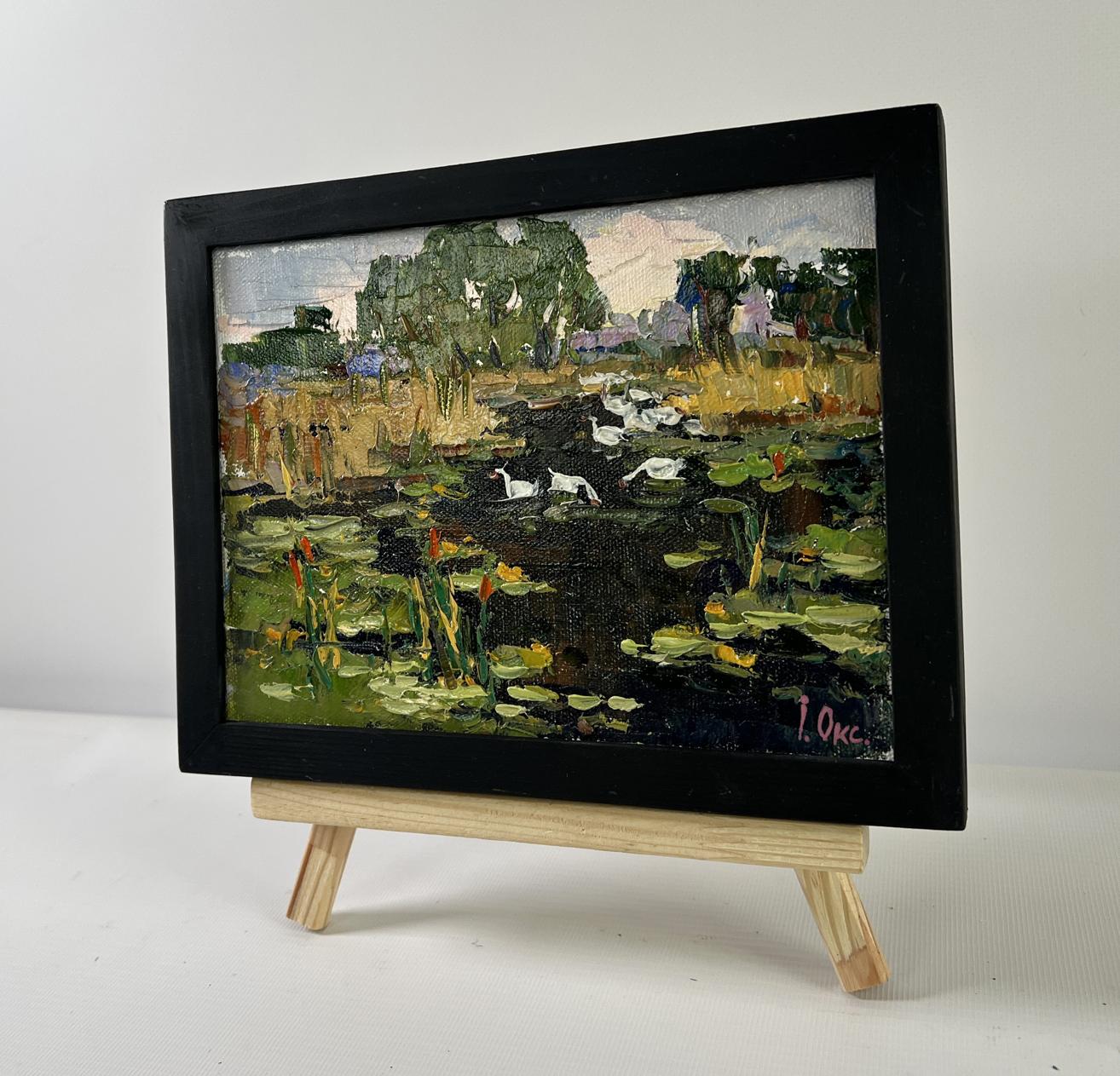 Oil painting Geese in the lake by Oksana Ivanyuk with ducks and lily pads
