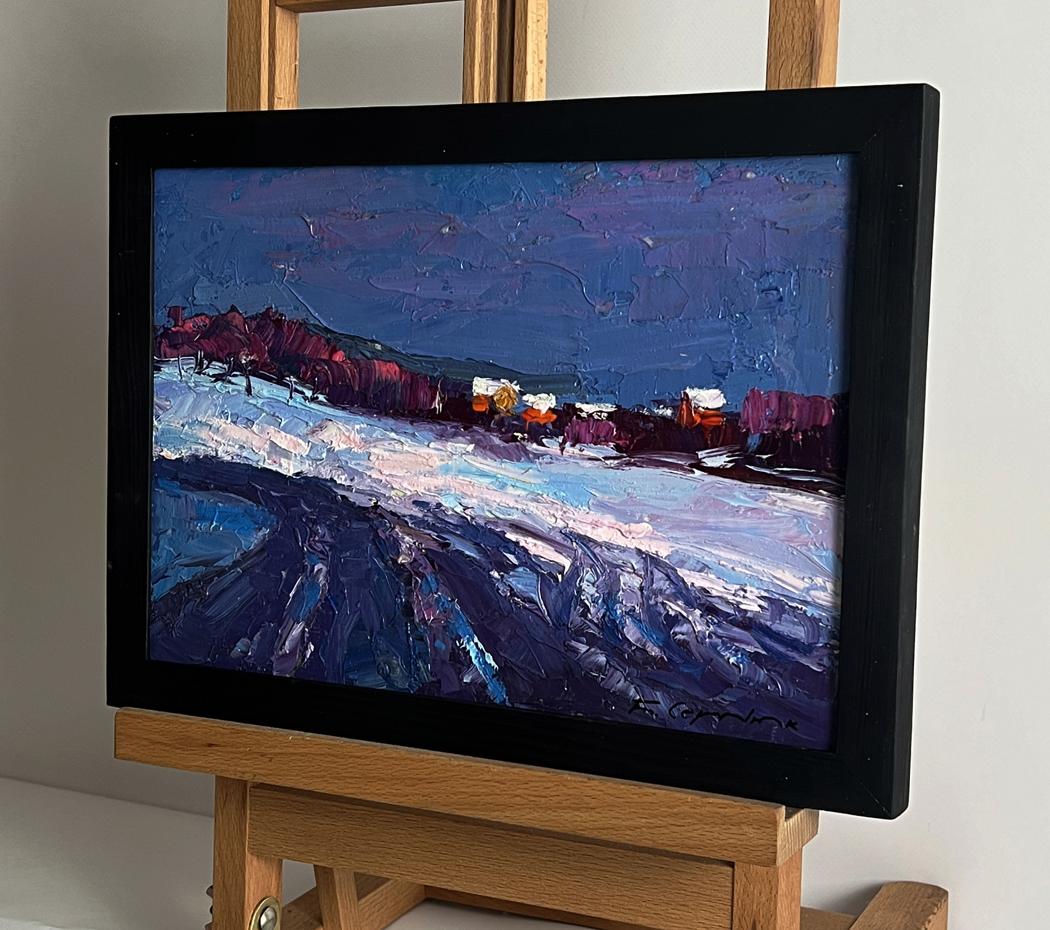Oil painting Winter evening by Boris Serdyuk snowy landscape in black frame