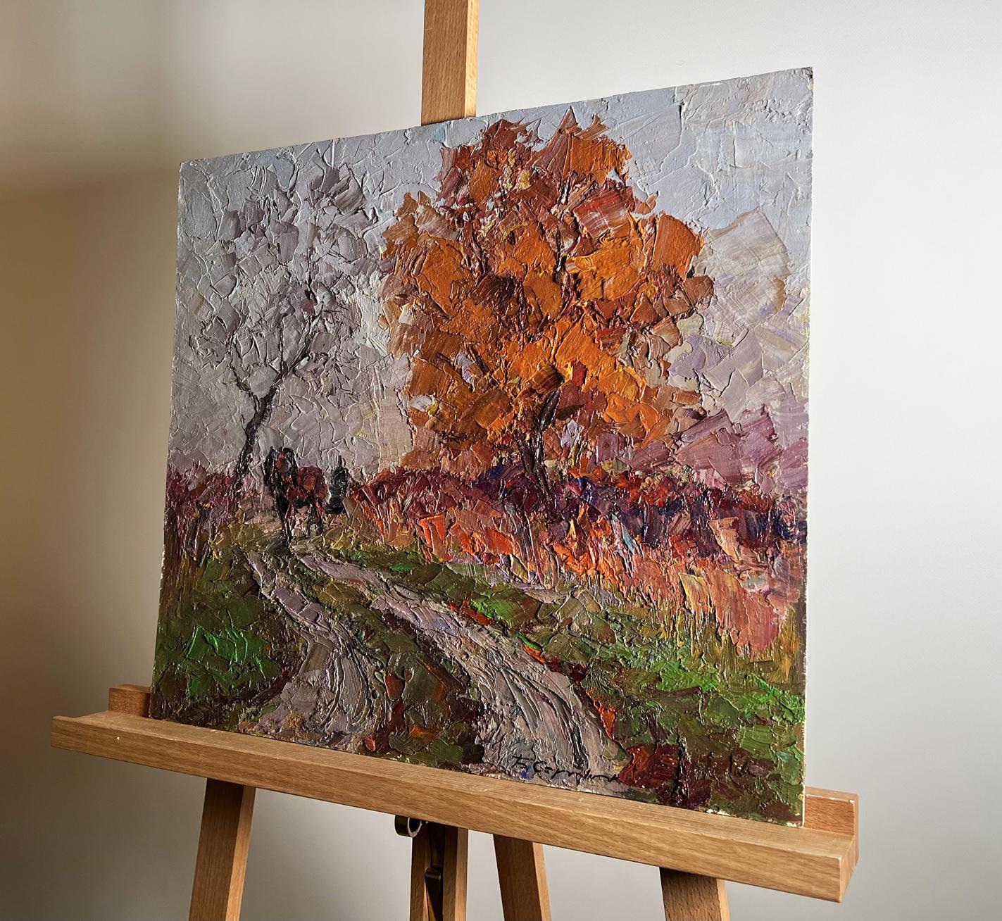 Oil painting of horse on autumn path by Boris Serdyuk on easel