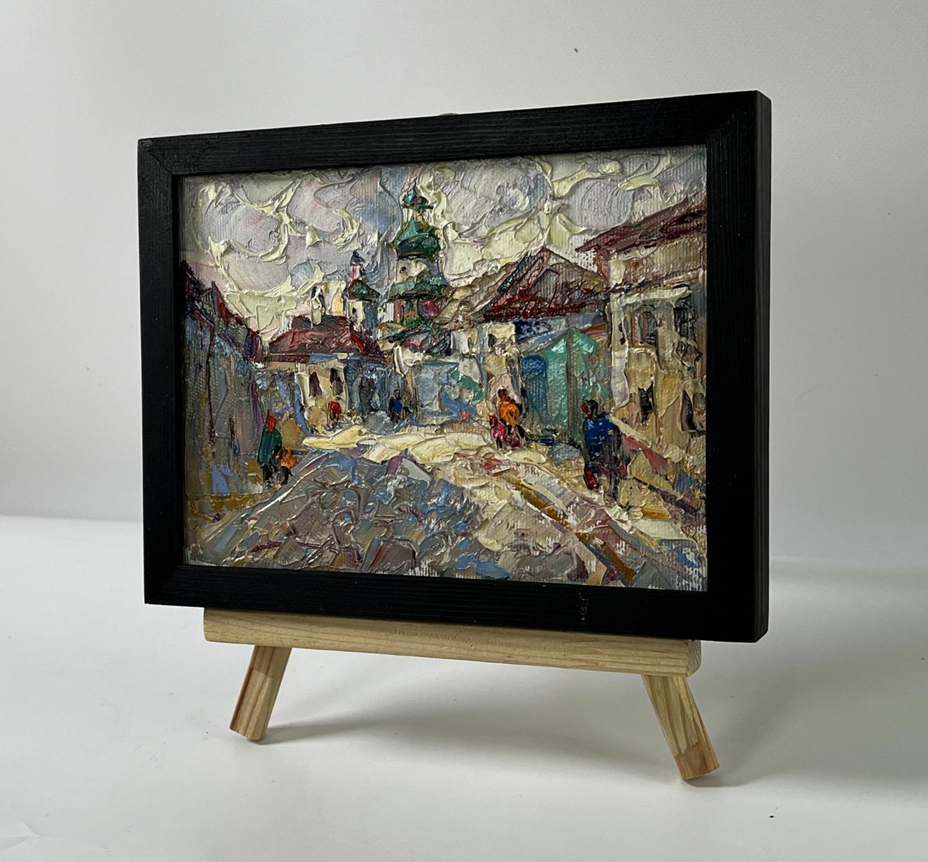 Oil painting Morning city by Oleksiy Ivanyuk, textured street scene in black frame