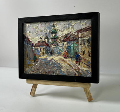 Oil painting Morning city by Oleksiy Ivanyuk, textured street scene in black frame