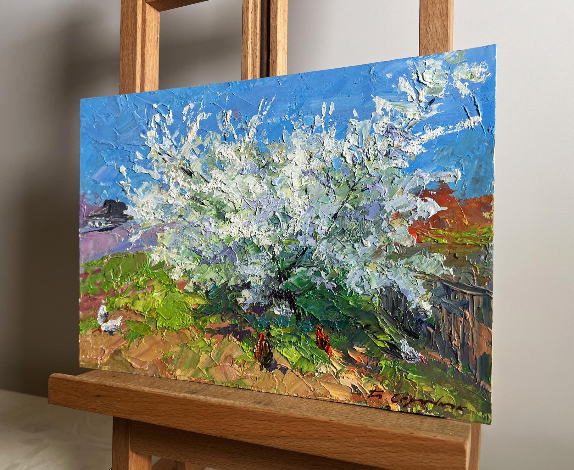 Vibrant impressionist oil painting of flowering tree and chickens by Boris Serdyuk on easel