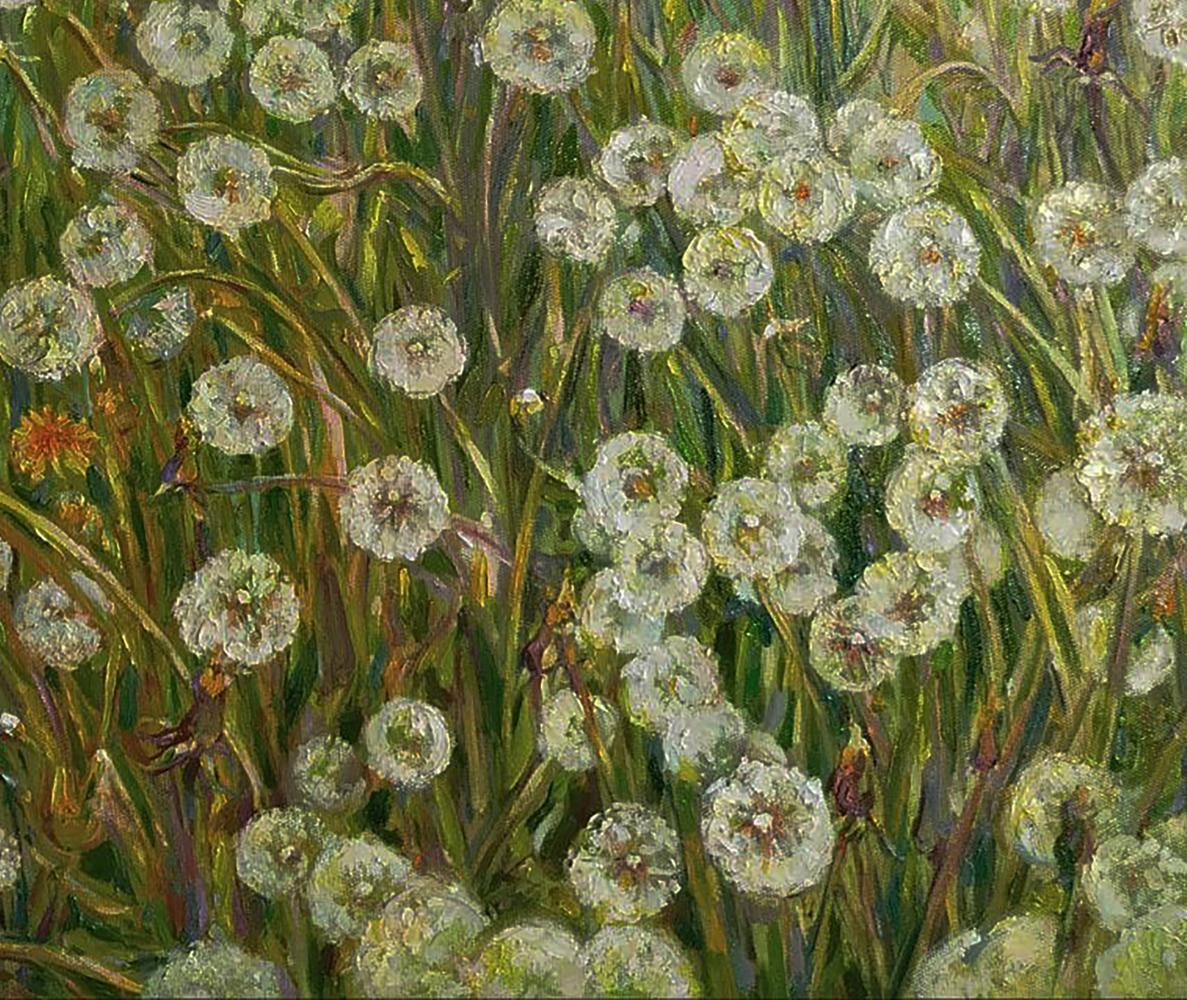 Oil painting of white dandelion seed heads in tall green grass by Leonid Pavlenko