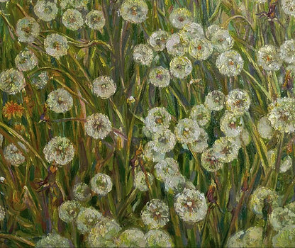 Oil painting of white dandelion seed heads in tall green grass by Leonid Pavlenko