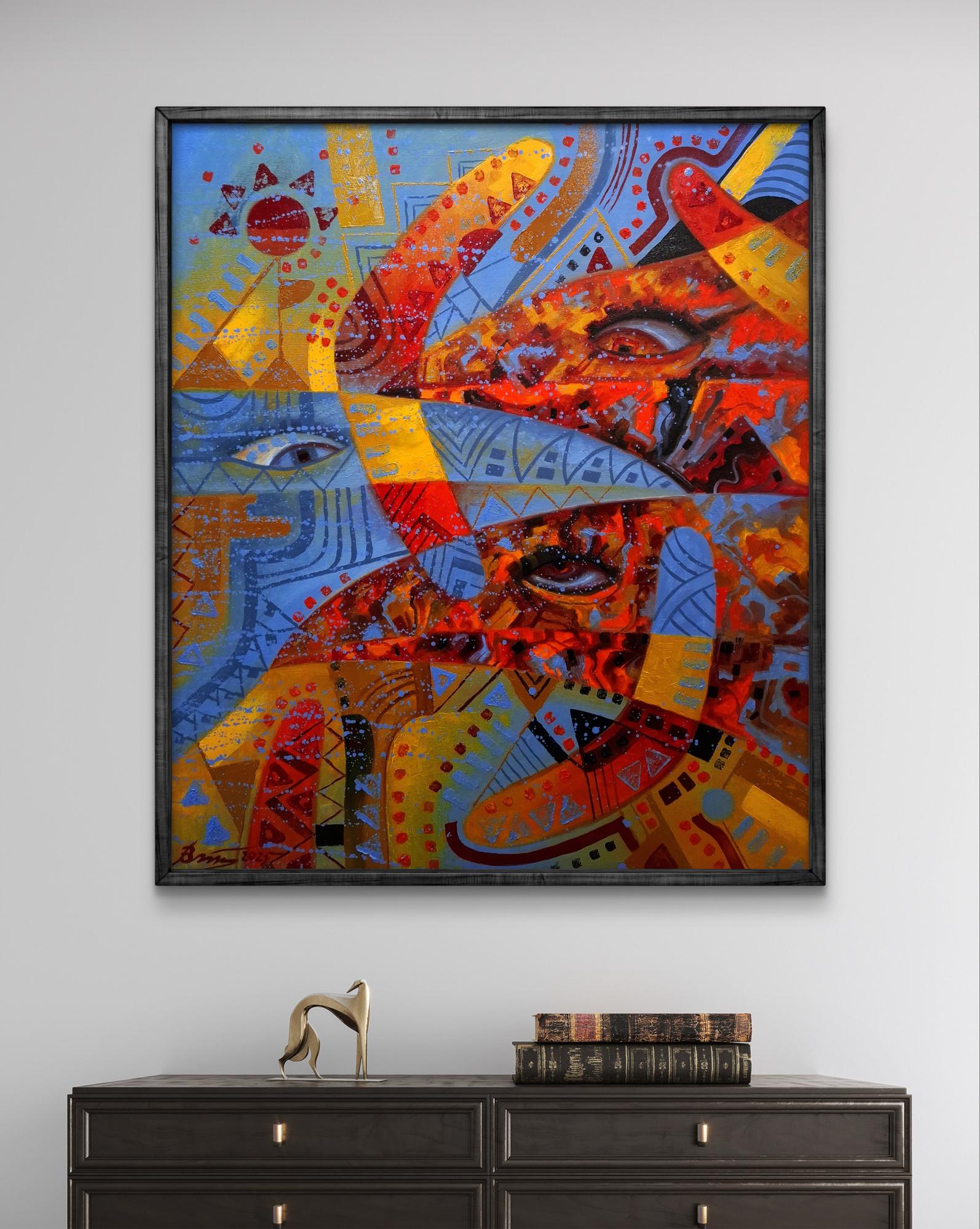 Oil painting Boomerang watchers by Sergiy Voichenko in black frame