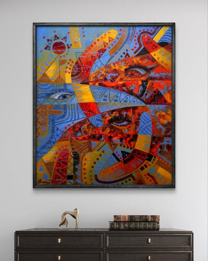 Oil painting Boomerang watchers by Sergiy Voichenko in black frame
