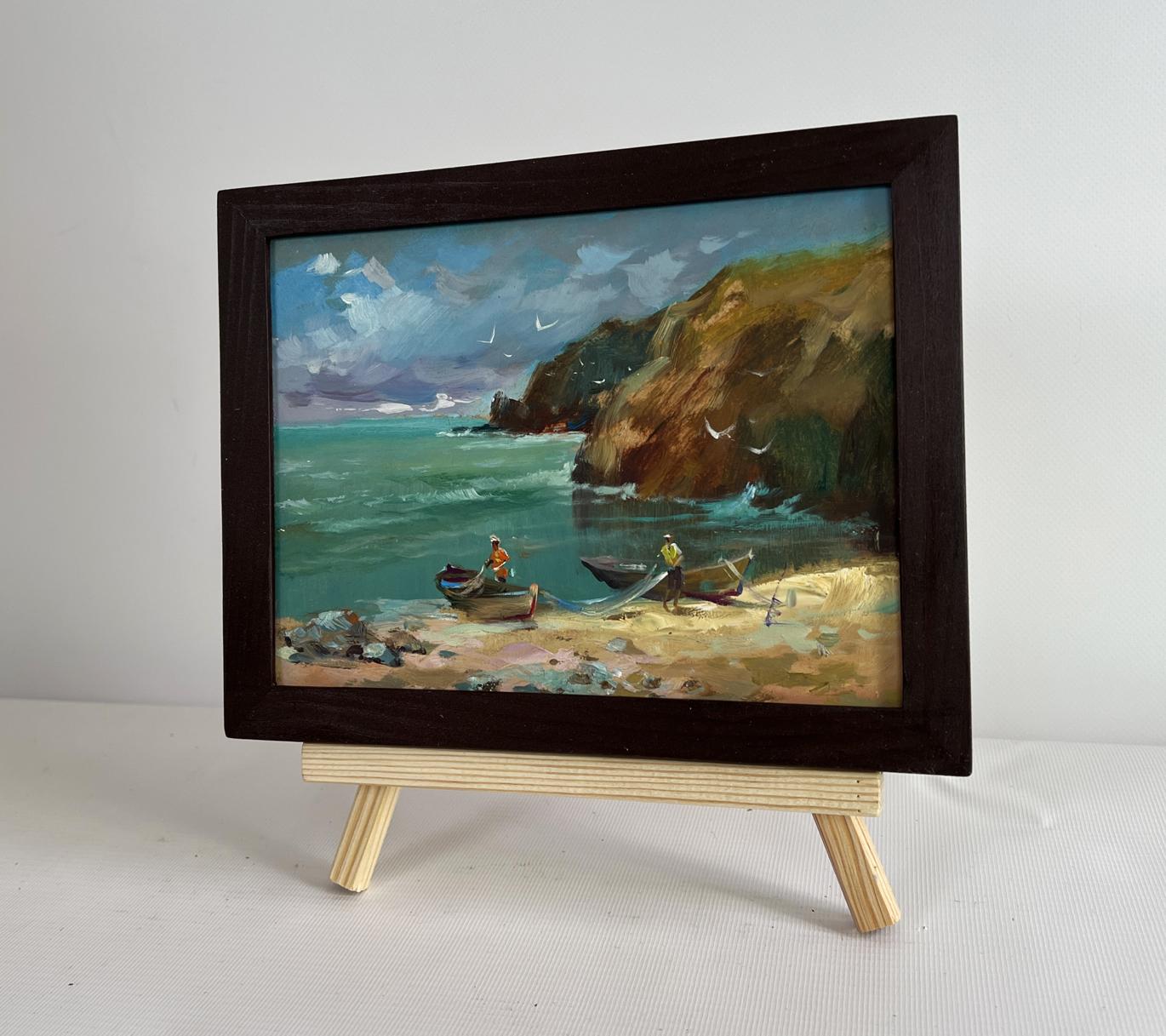 Oil painting Great day to go fishing by Yuriy Suprunchuk in wood frame on easel