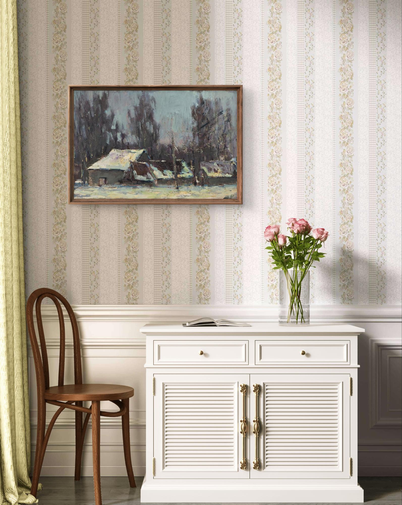 White louvered cabinet with brass handles in Volodymyr Pashchenko oil painting