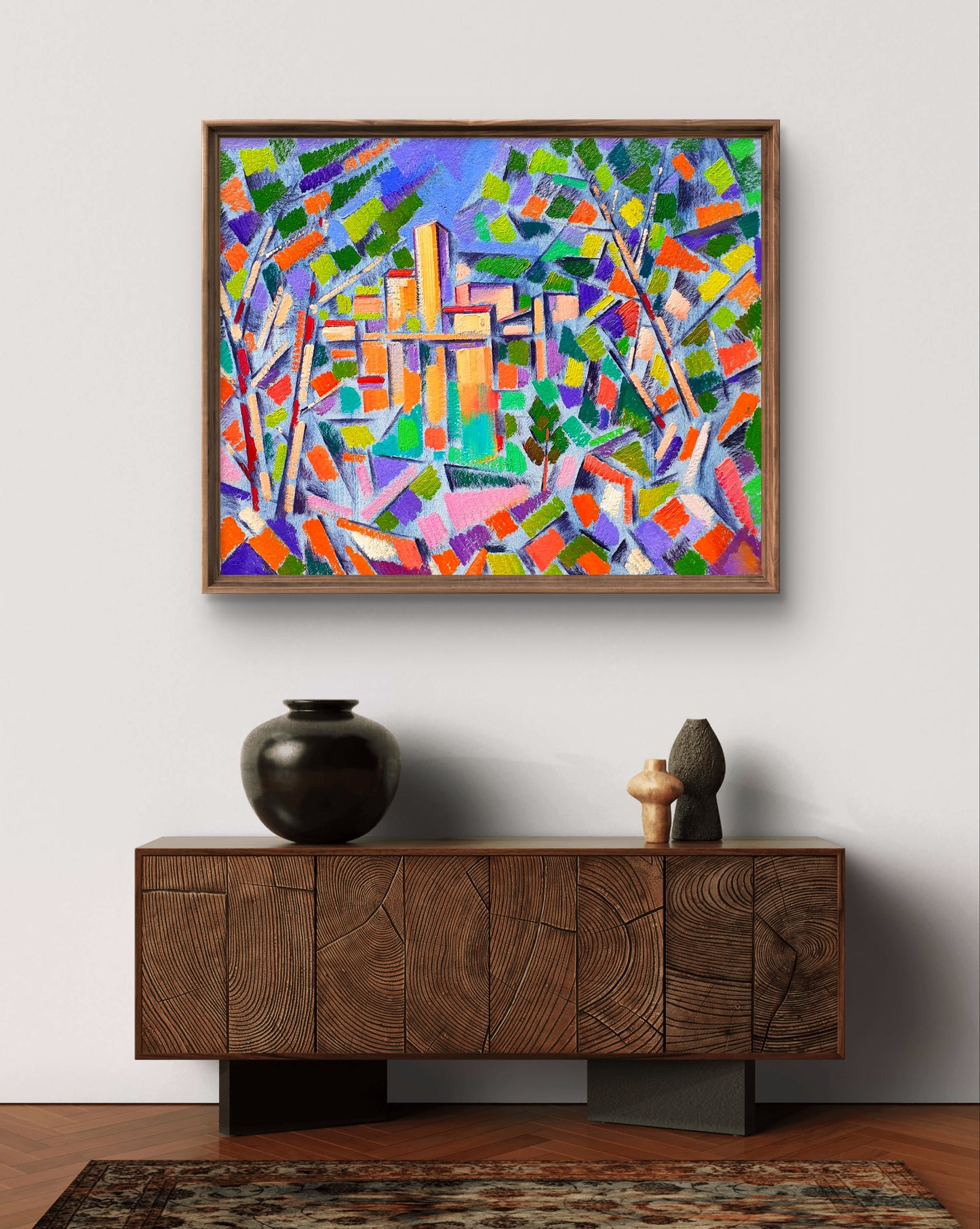 Abstract oil painting City behind the trees by Peter Dobrev in wooden frame