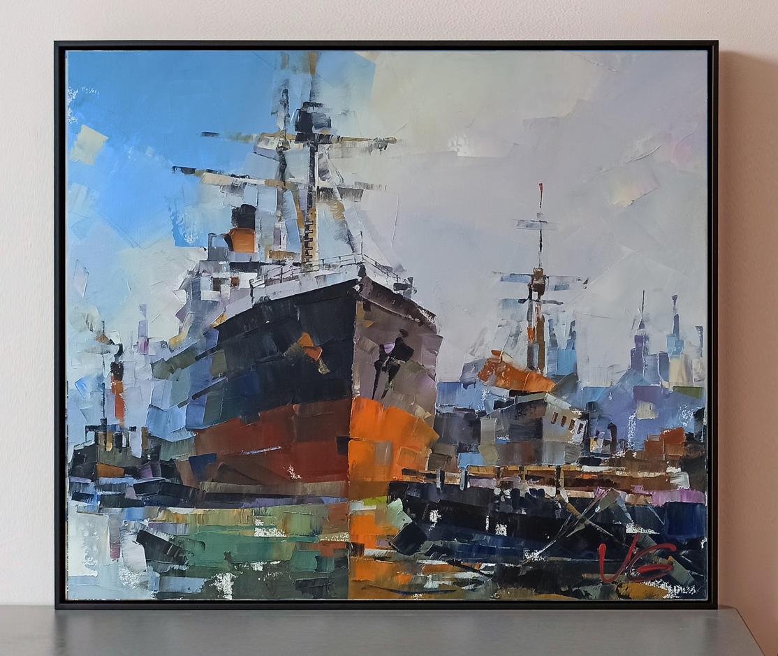 Abstract oil painting of ships at old lighthouse by Volodymyr Gluhomanyuk, framed in black